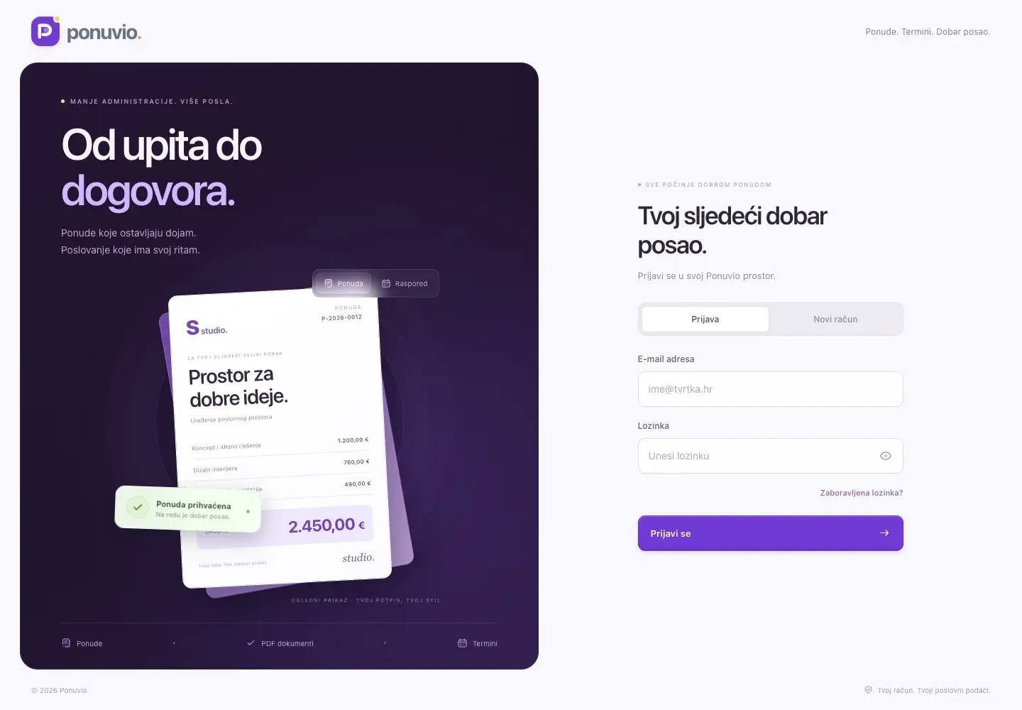 Prikaz sučelja projekta Ponuvio